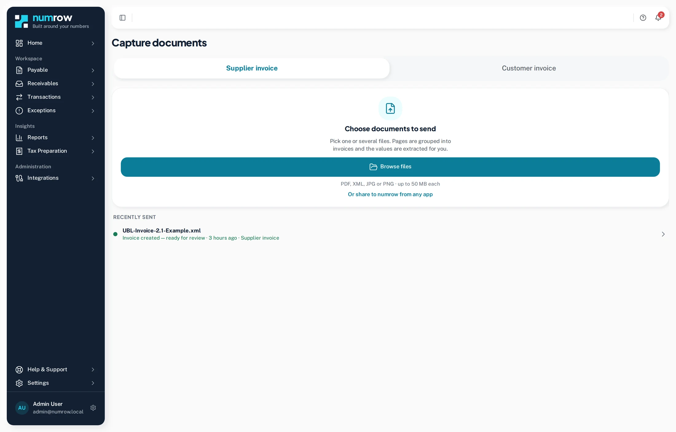 The ingestion screen: a document arriving, read, and its extracted supplier, amounts and VAT