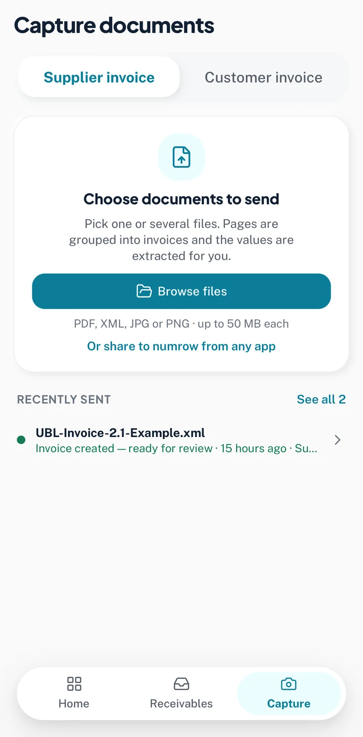 The Capture screen on a phone: pick supplier invoices to send, and what was sent recently