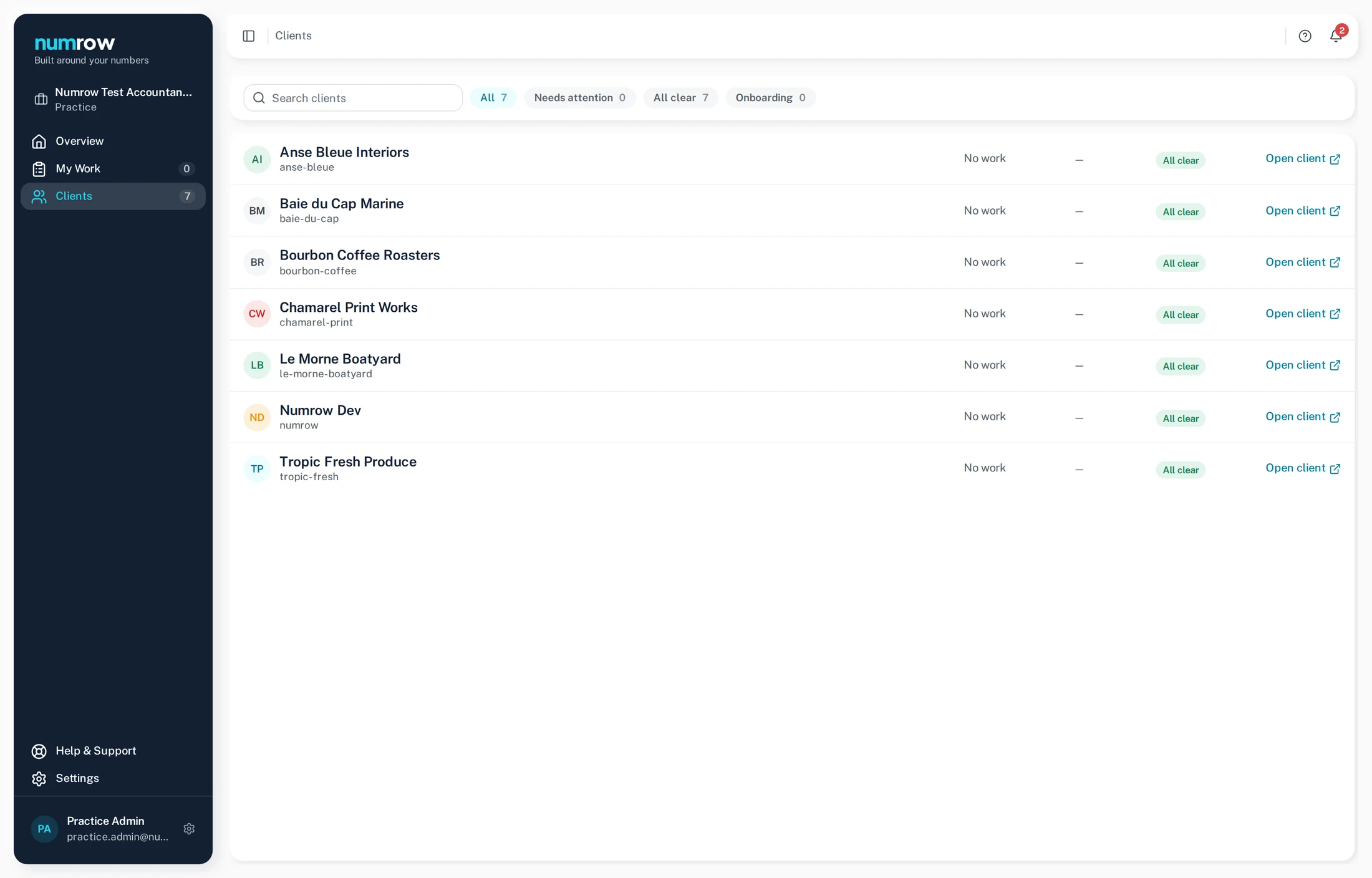 An accounting firm's client list inside numrow, each client with its own state