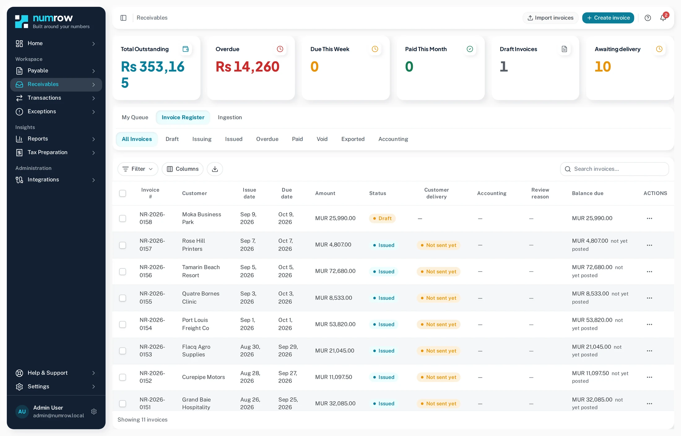 The receivables register: customer invoices with their delivery and payment state