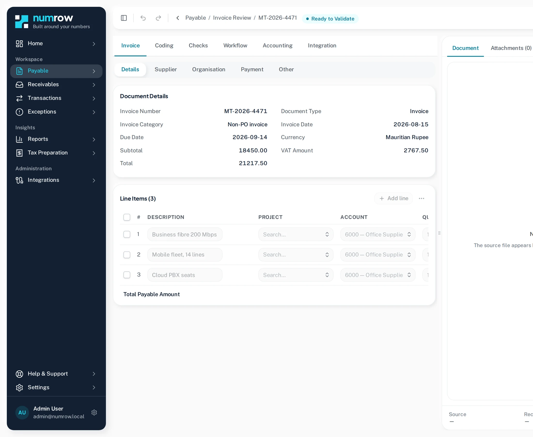 An invoice open for review: document details, line items and the approval it is waiting on