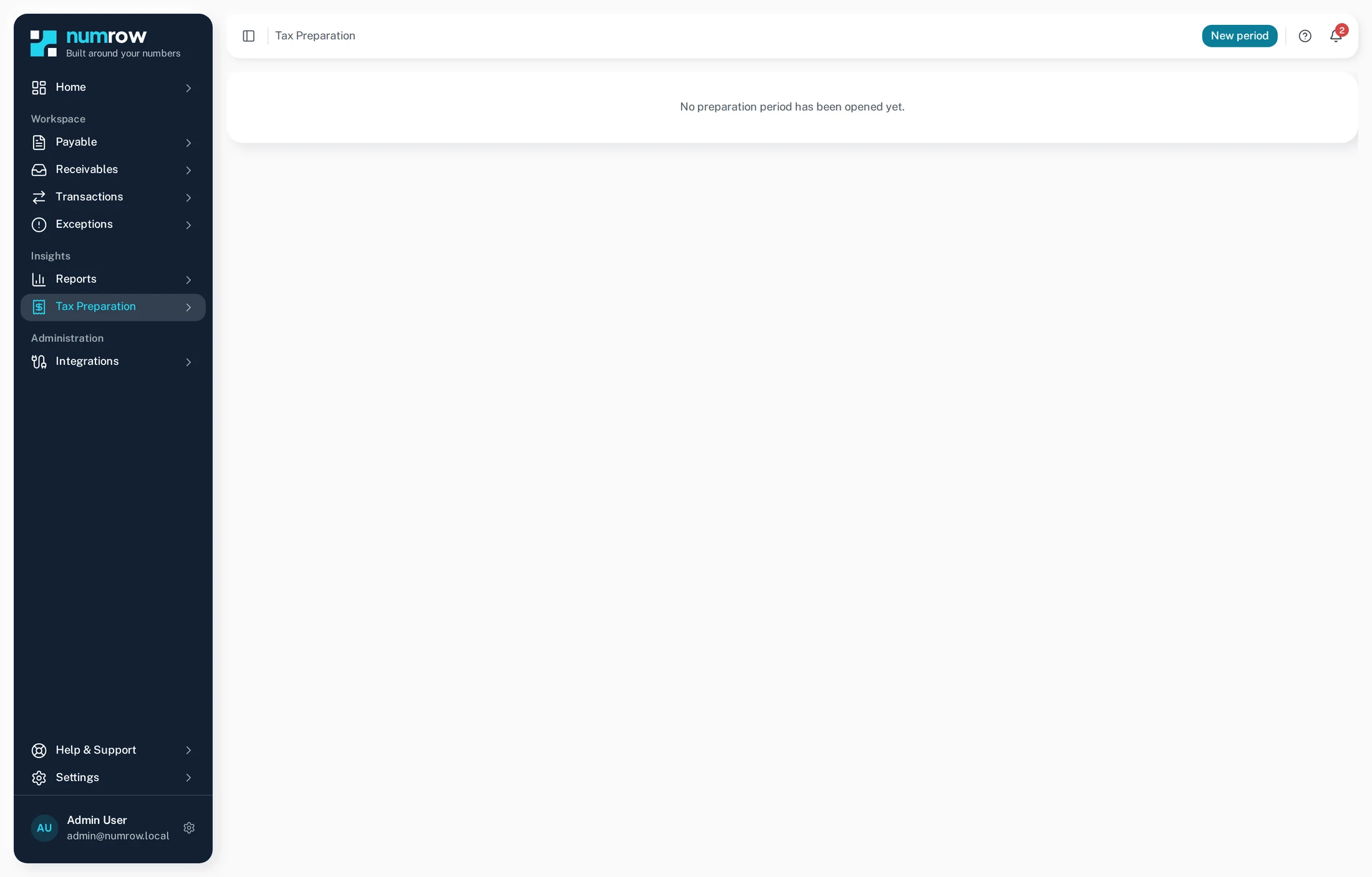 The tax preparation dashboard, with a period ready to evaluate