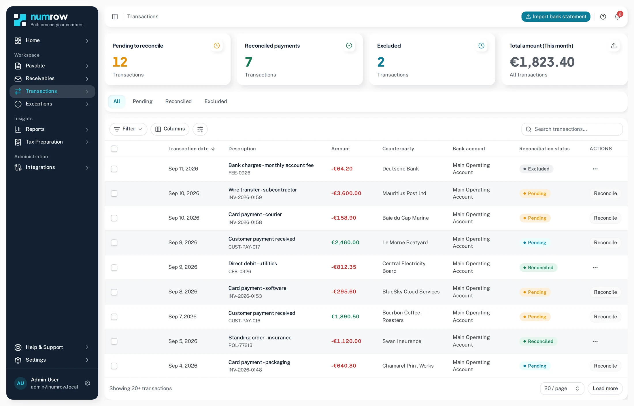 The transactions screen: imported bank lines matched against invoices