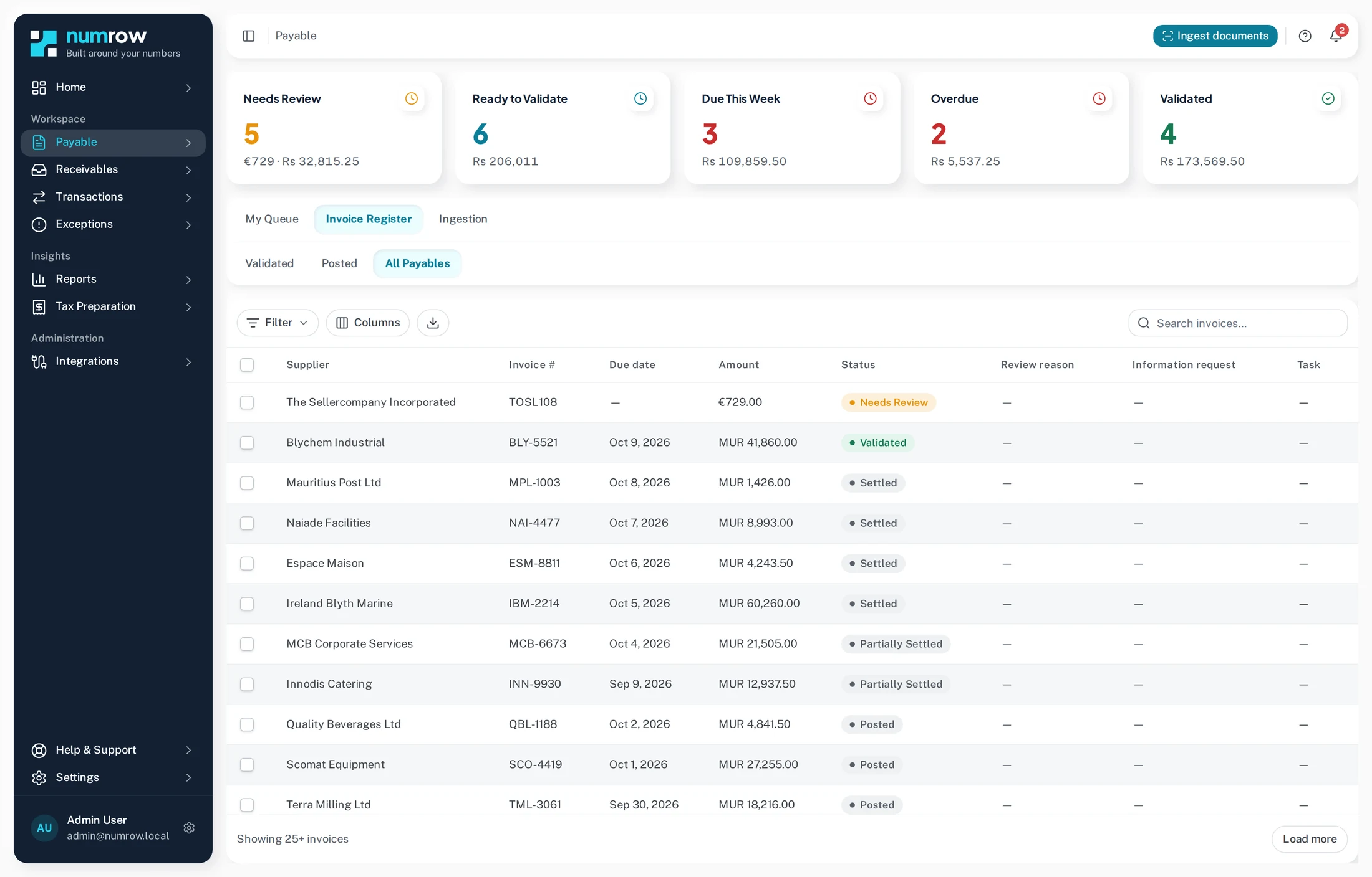 The numrow payables workspace: five status cards over the invoice register