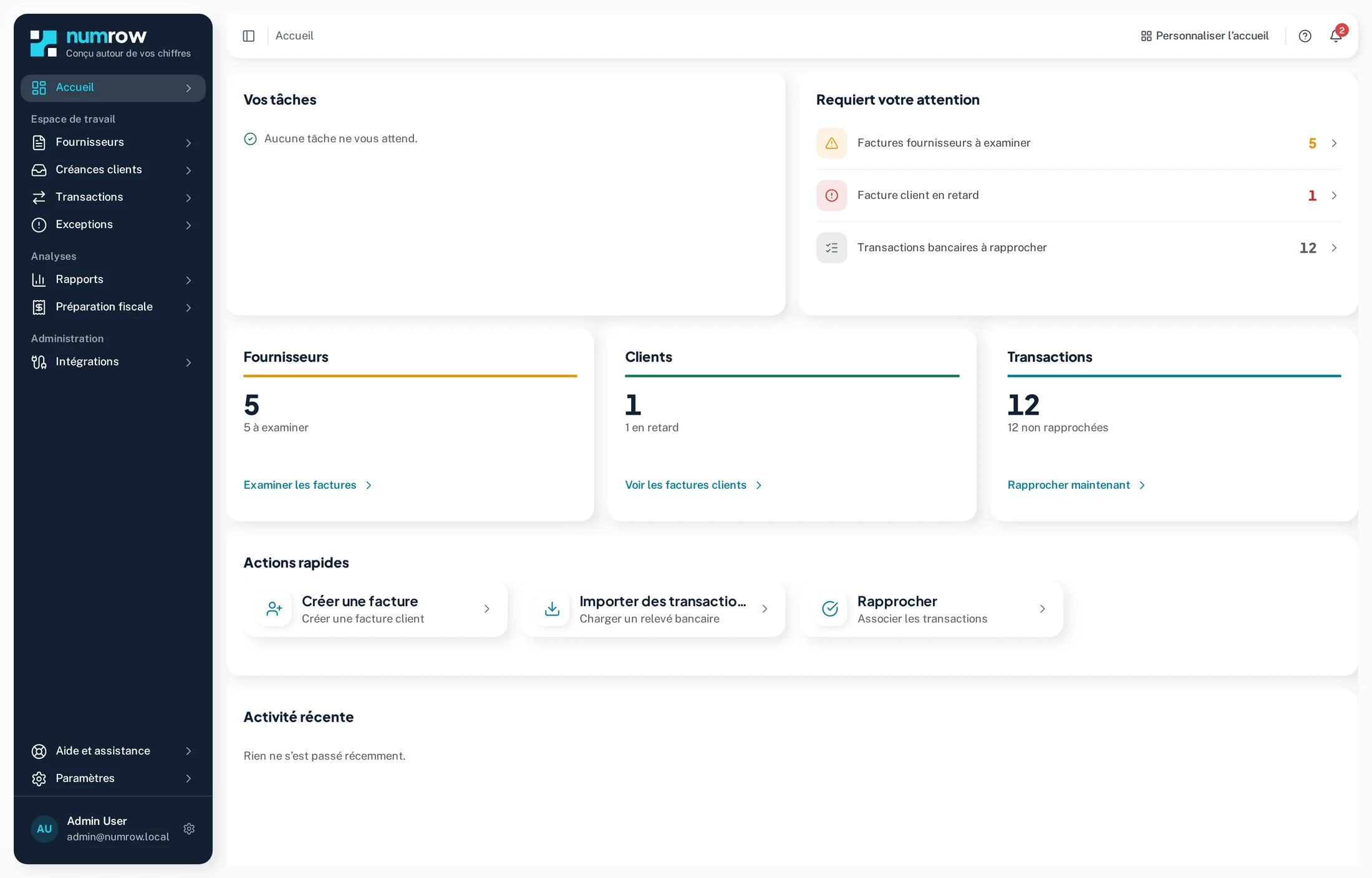 Le tableau d’accueil : ce qui demande attention, et les compteurs fournisseurs, clients et banque
